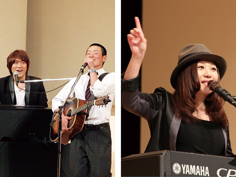 シンガーソングライターによるスペシャルライブ。大野靖之さんと飛び入りの本校生徒（左/2016年）。熊谷郁美さん（右/2017年）。